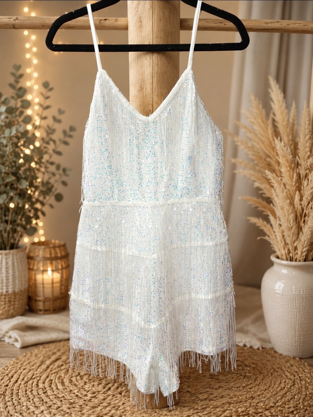 Sparkle Fringe White Sequin Romper